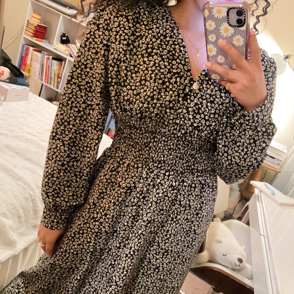 Rouched Waist Black and White Winter Floral Dress